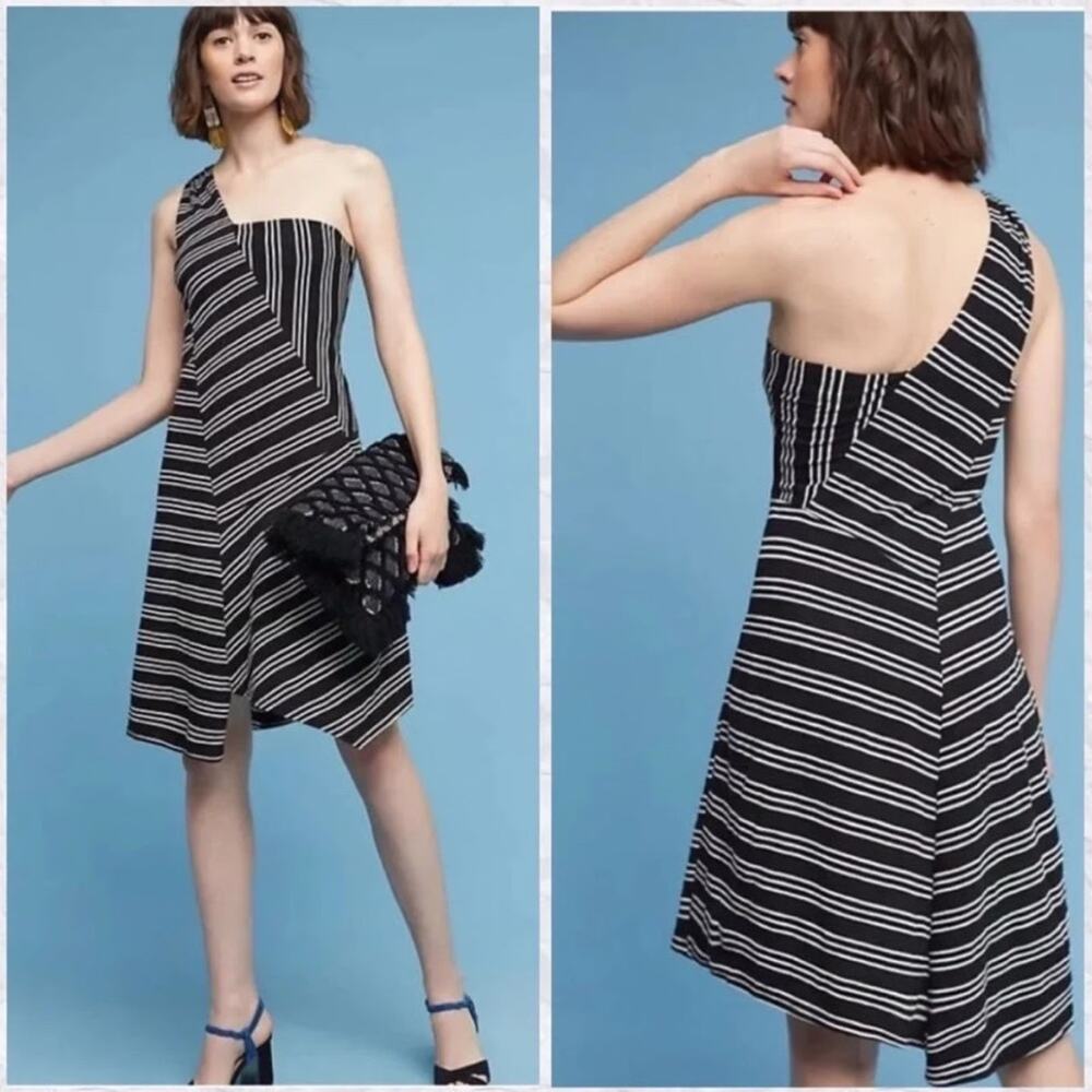 Maeve Anthropologie Black Striped Moka One Shoulder Asymmetrical Dress Size M